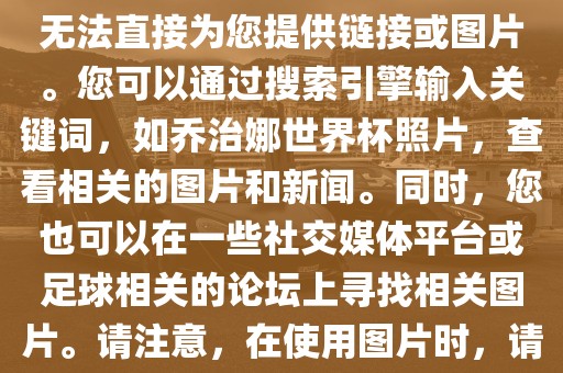 关于乔治娜的世界杯照片，我无法直接为您提供链接或图片。您可以通过搜索引擎输入关键词，如乔治娜世界杯照片，查看相关的图片和新闻。同时，您也可以在一些社交媒体平台或足球相关的论坛上寻找相关图片。请注意，在使用图片时，请遵守版权法规。