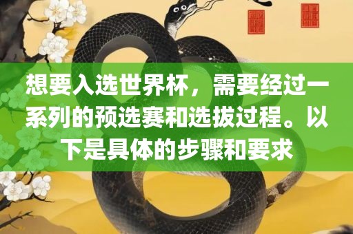 想要入选世界杯，需要经过一系列的预选赛和选拔过程。以下是具体的步骤和要求